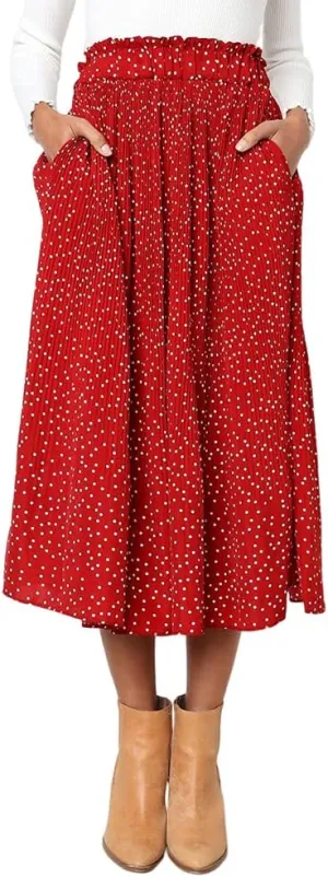 HOULENGS Women's Casual Print Pleated Long Skirts Elastic High Waist Ruffle Maxi Skirt with Pockets