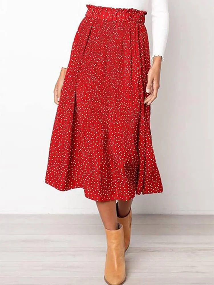 HOULENGS Women's Casual Print Pleated Long Skirts Elastic High Waist Ruffle Maxi Skirt with Pockets