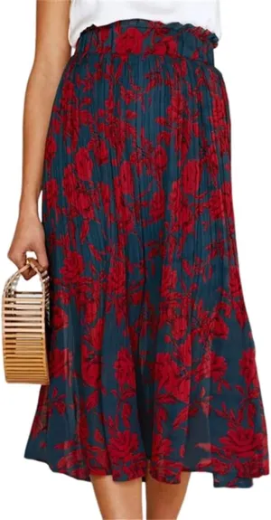 HOULENGS Women's Casual Print Pleated Long Skirts Elastic High Waist Ruffle Maxi Skirt with Pockets