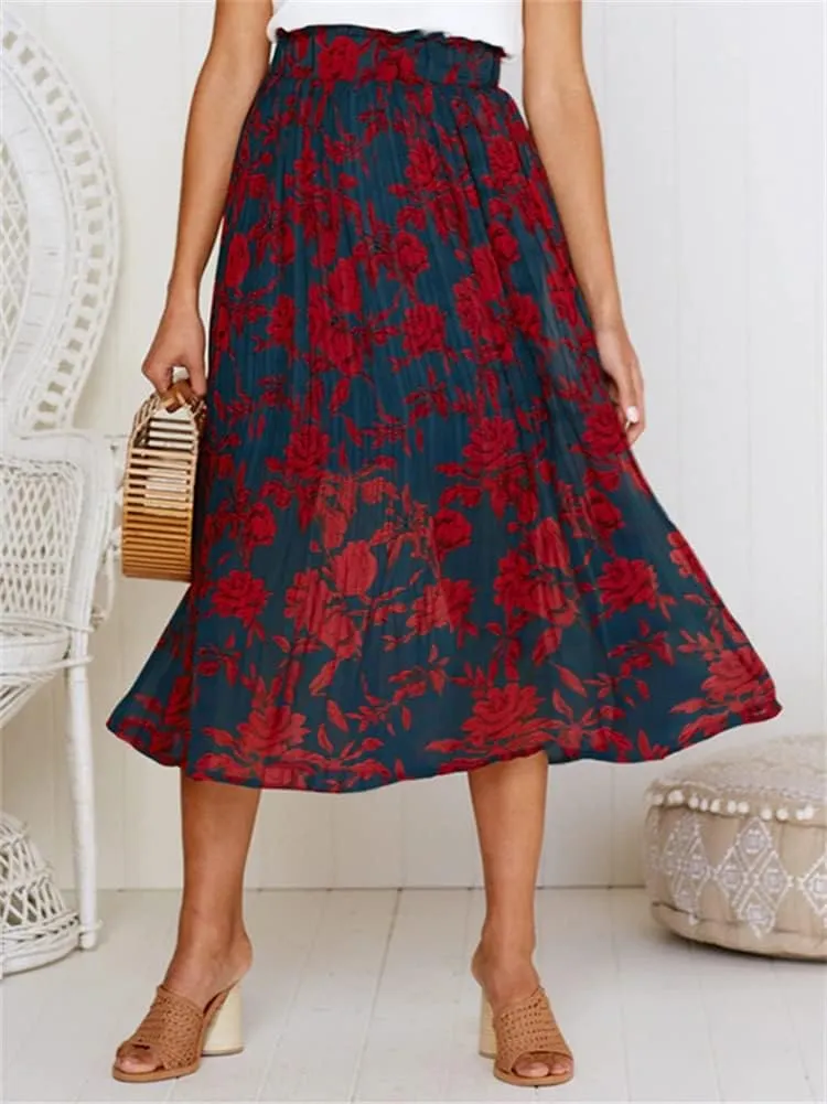 HOULENGS Women's Casual Print Pleated Long Skirts Elastic High Waist Ruffle Maxi Skirt with Pockets