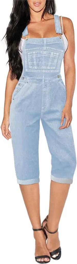 Hybrid & Company Womens Denim Bib Sleeveless Overalls Utility Rompers Capri Jumpsuit with Pockets