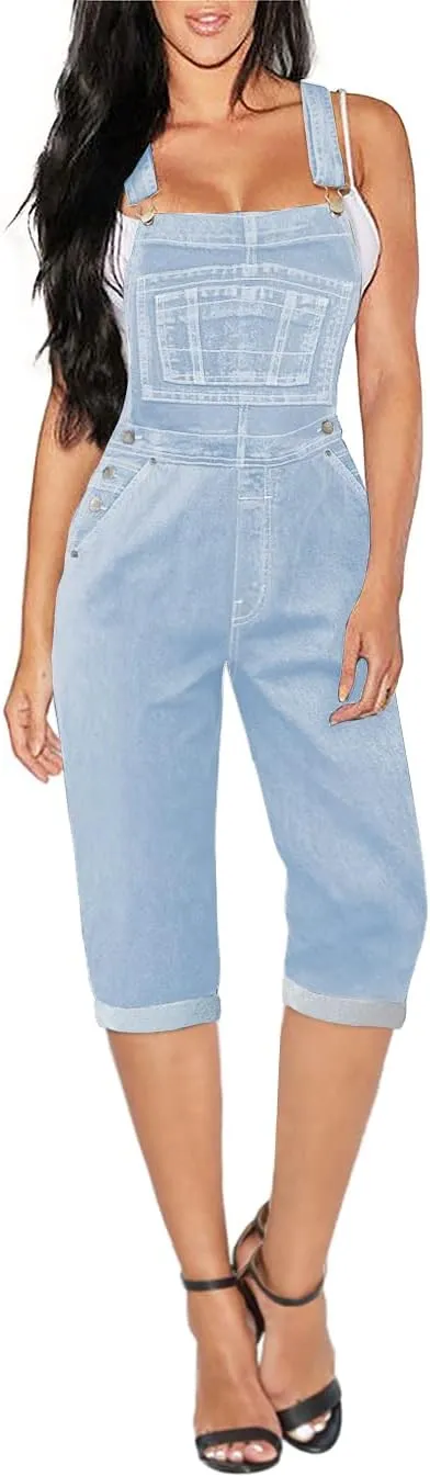 Hybrid & Company Womens Denim Bib Sleeveless Overalls Utility Rompers Capri Jumpsuit with Pockets