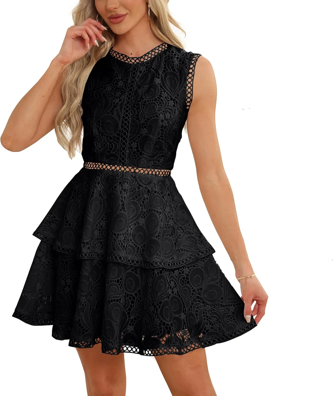 iceKiss Women's Lace Floral Mini Dress Round Neck Sleeveless Cocktail A-Line Dress