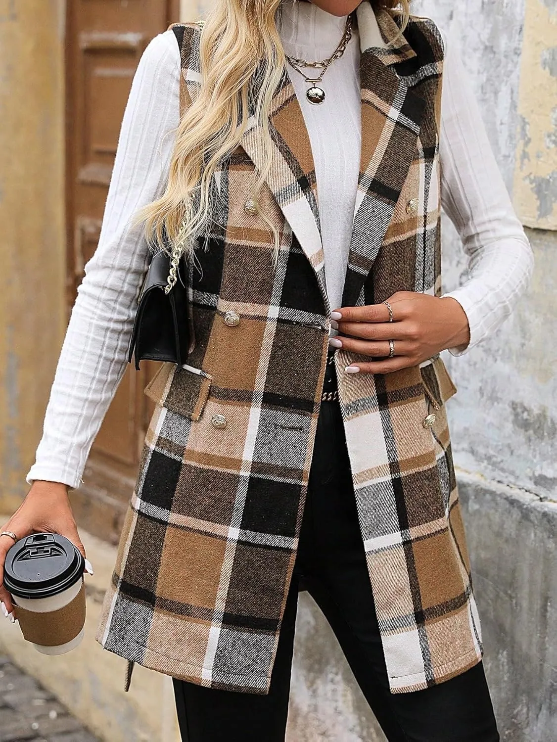 IDEALSANXUN Womens Double Breasted Plaid Vest Tops Fall Winter Sleeveless Blazer Jackets
