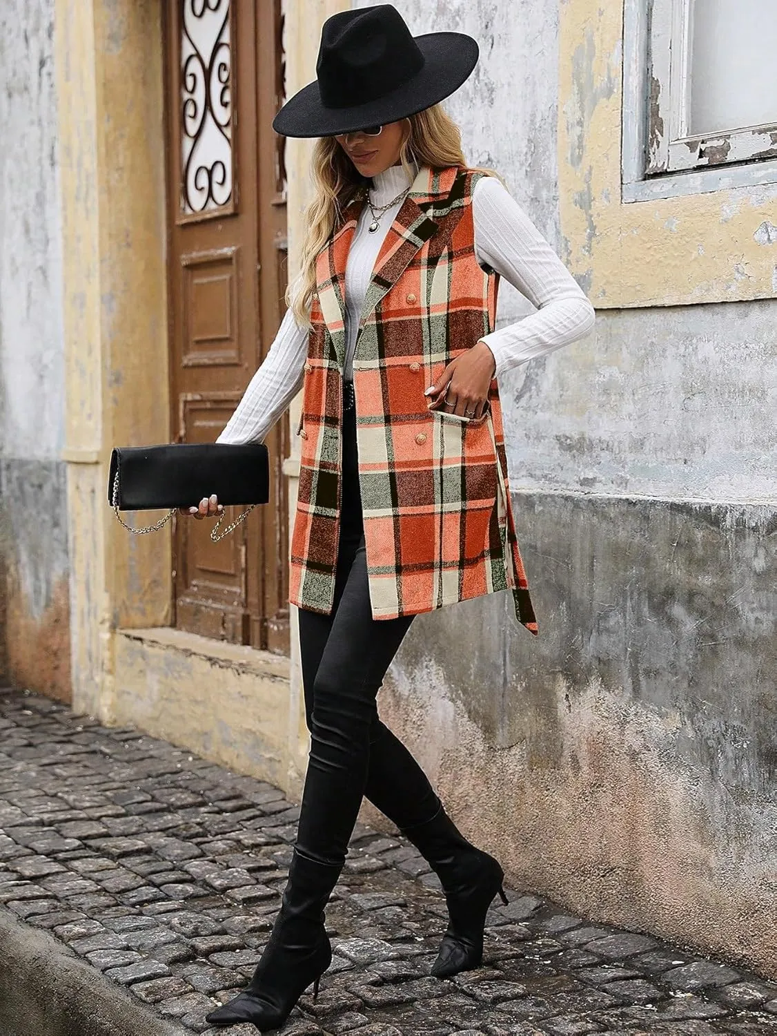 IDEALSANXUN Womens Double Breasted Plaid Vest Tops Fall Winter Sleeveless Blazer Jackets