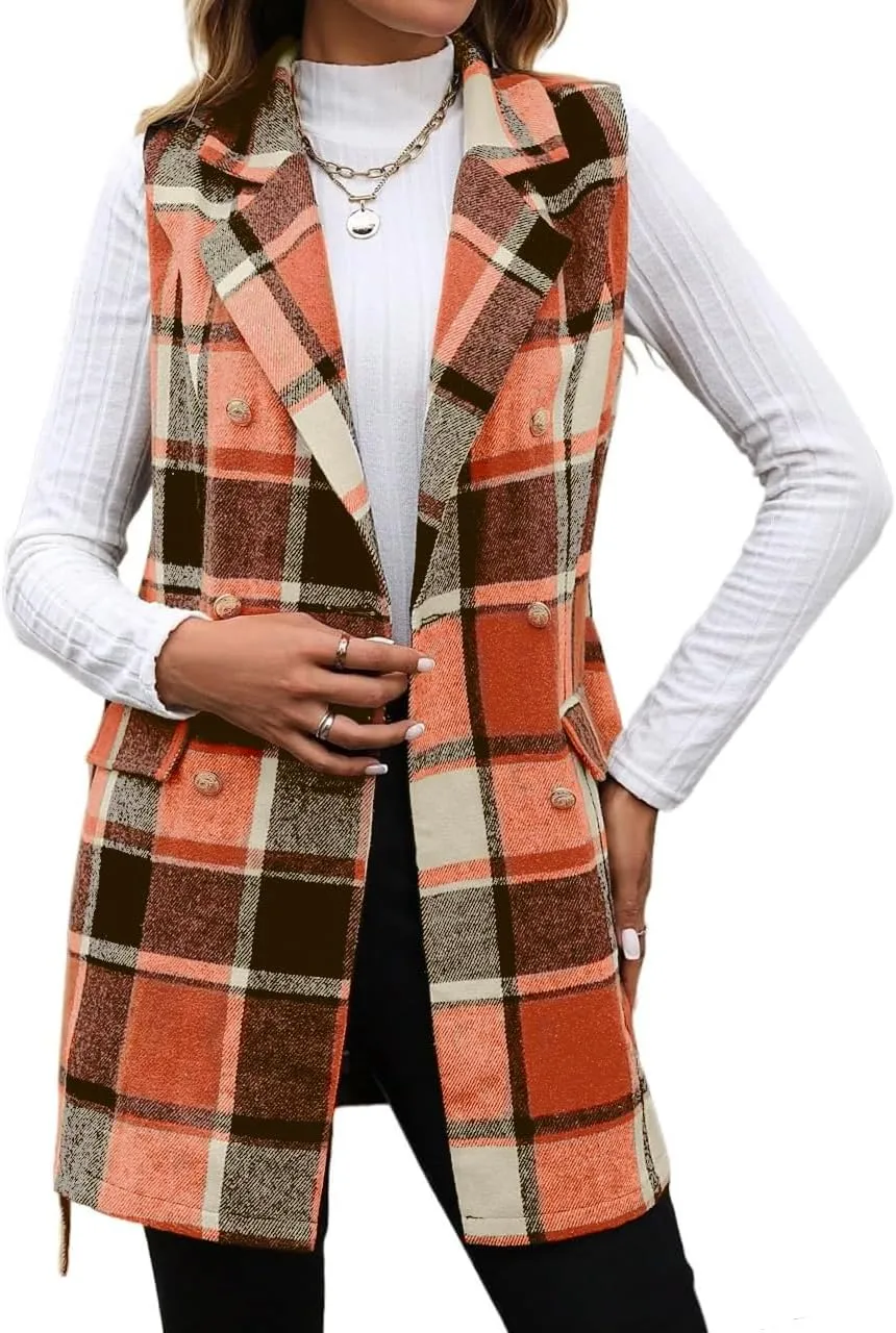 IDEALSANXUN Womens Double Breasted Plaid Vest Tops Fall Winter Sleeveless Blazer Jackets