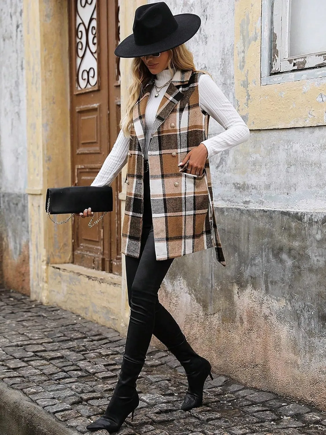 IDEALSANXUN Womens Double Breasted Plaid Vest Tops Fall Winter Sleeveless Blazer Jackets