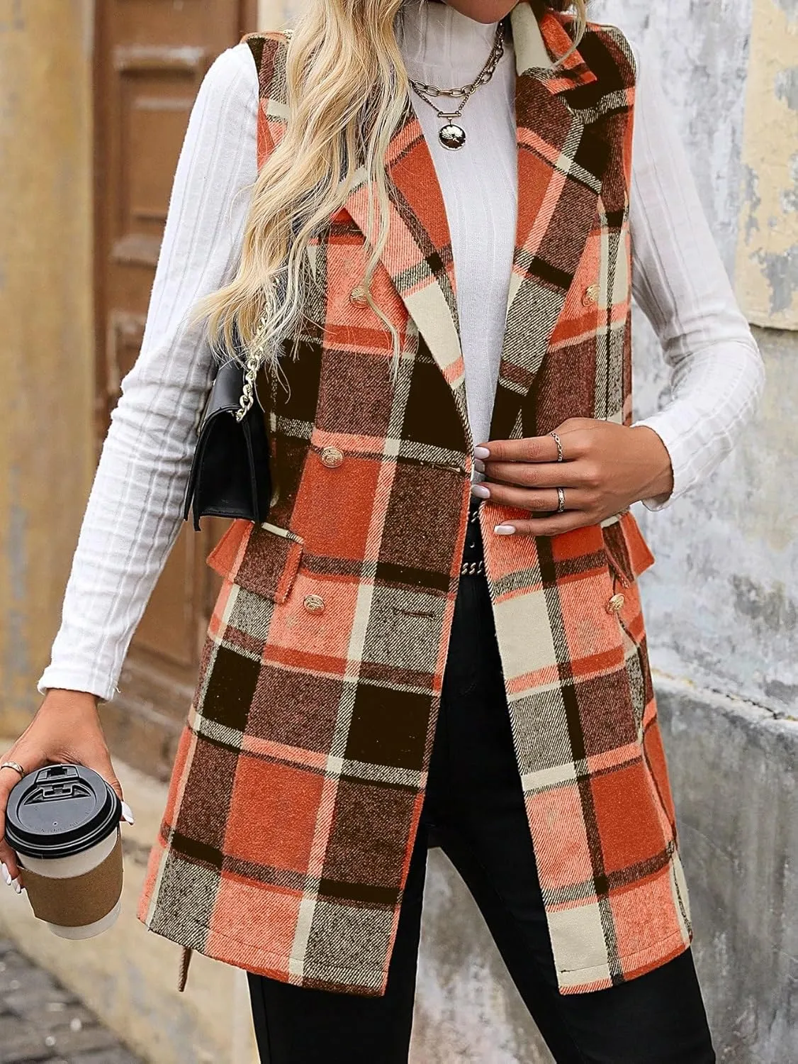 IDEALSANXUN Womens Double Breasted Plaid Vest Tops Fall Winter Sleeveless Blazer Jackets