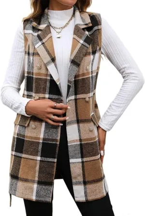 IDEALSANXUN Womens Double Breasted Plaid Vest Tops Fall Winter Sleeveless Blazer Jackets