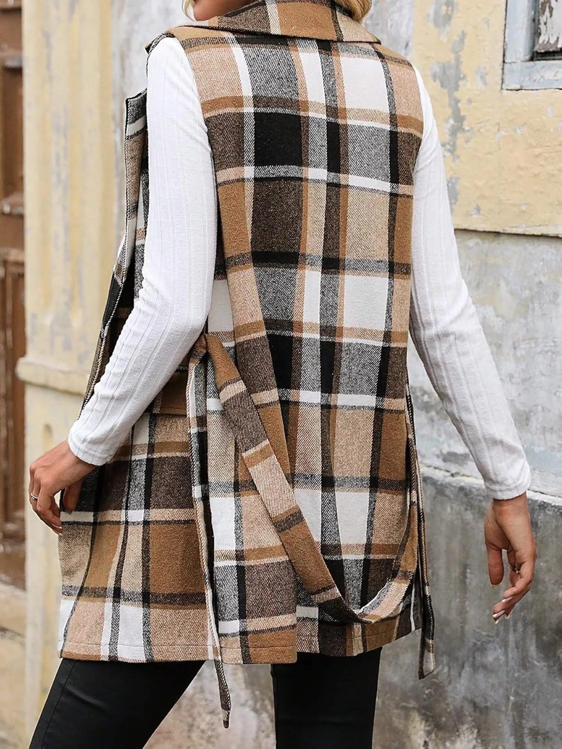 IDEALSANXUN Womens Double Breasted Plaid Vest Tops Fall Winter Sleeveless Blazer Jackets