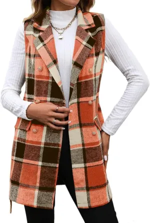 IDEALSANXUN Womens Double Breasted Plaid Vest Tops Fall Winter Sleeveless Blazer Jackets