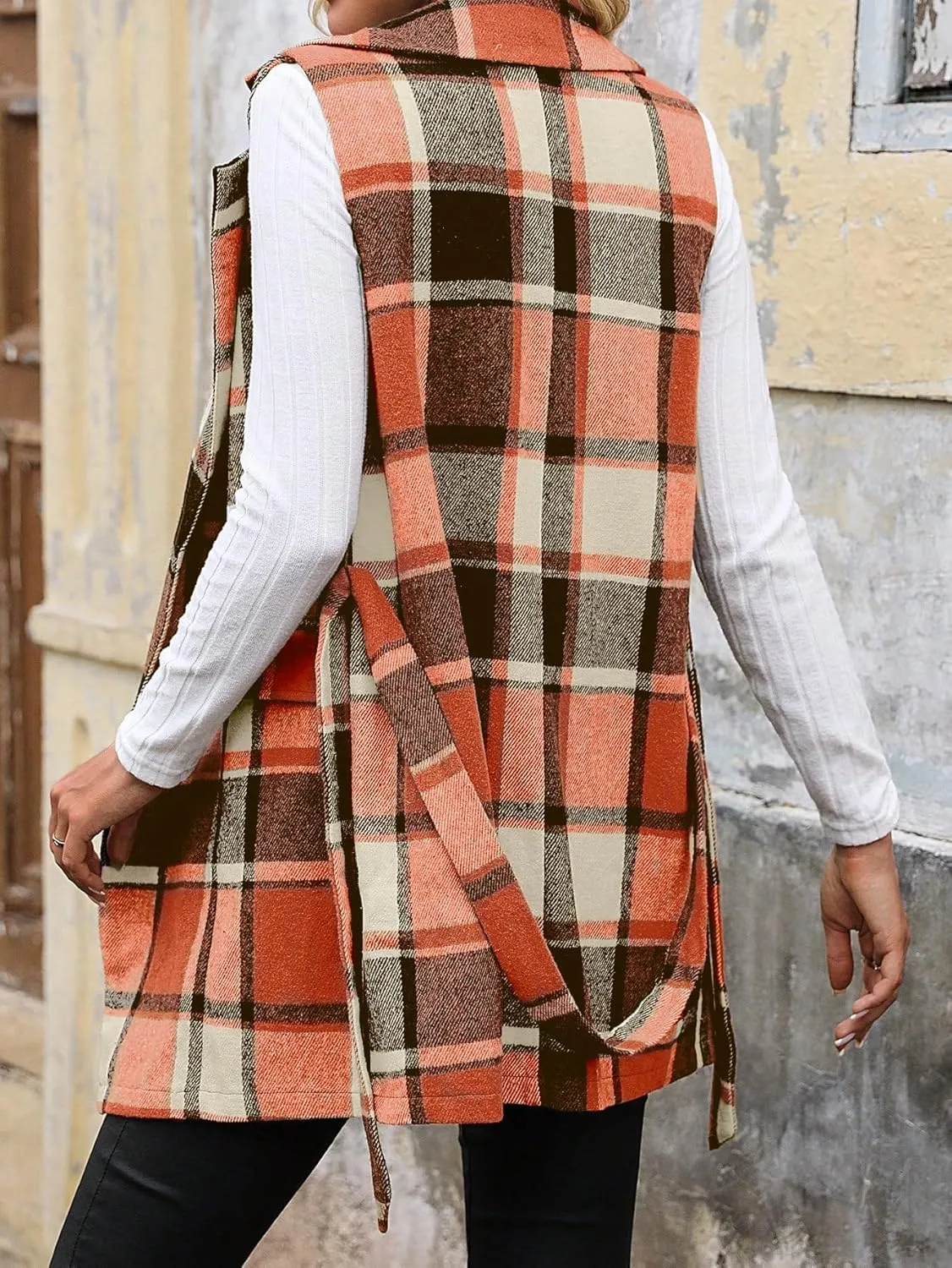 IDEALSANXUN Womens Double Breasted Plaid Vest Tops Fall Winter Sleeveless Blazer Jackets