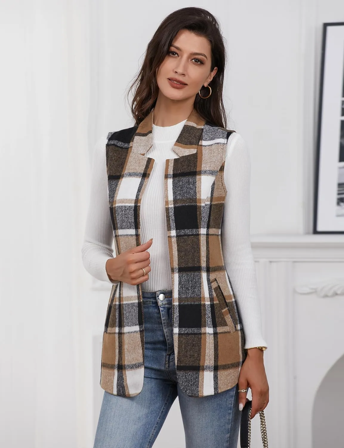IDEALSANXUN Wool Plaid Vest for Women Fall Winter Coat Sleeveless Blazer Jackets Casual Outwear Open Front Cardigan Top