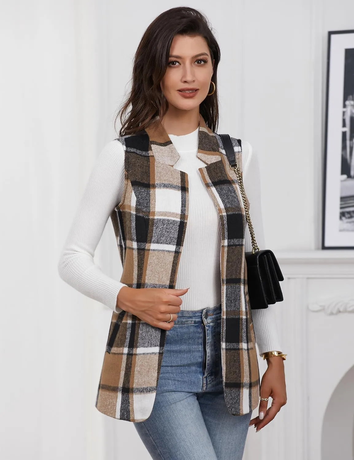 IDEALSANXUN Wool Plaid Vest for Women Fall Winter Coat Sleeveless Blazer Jackets Casual Outwear Open Front Cardigan Top