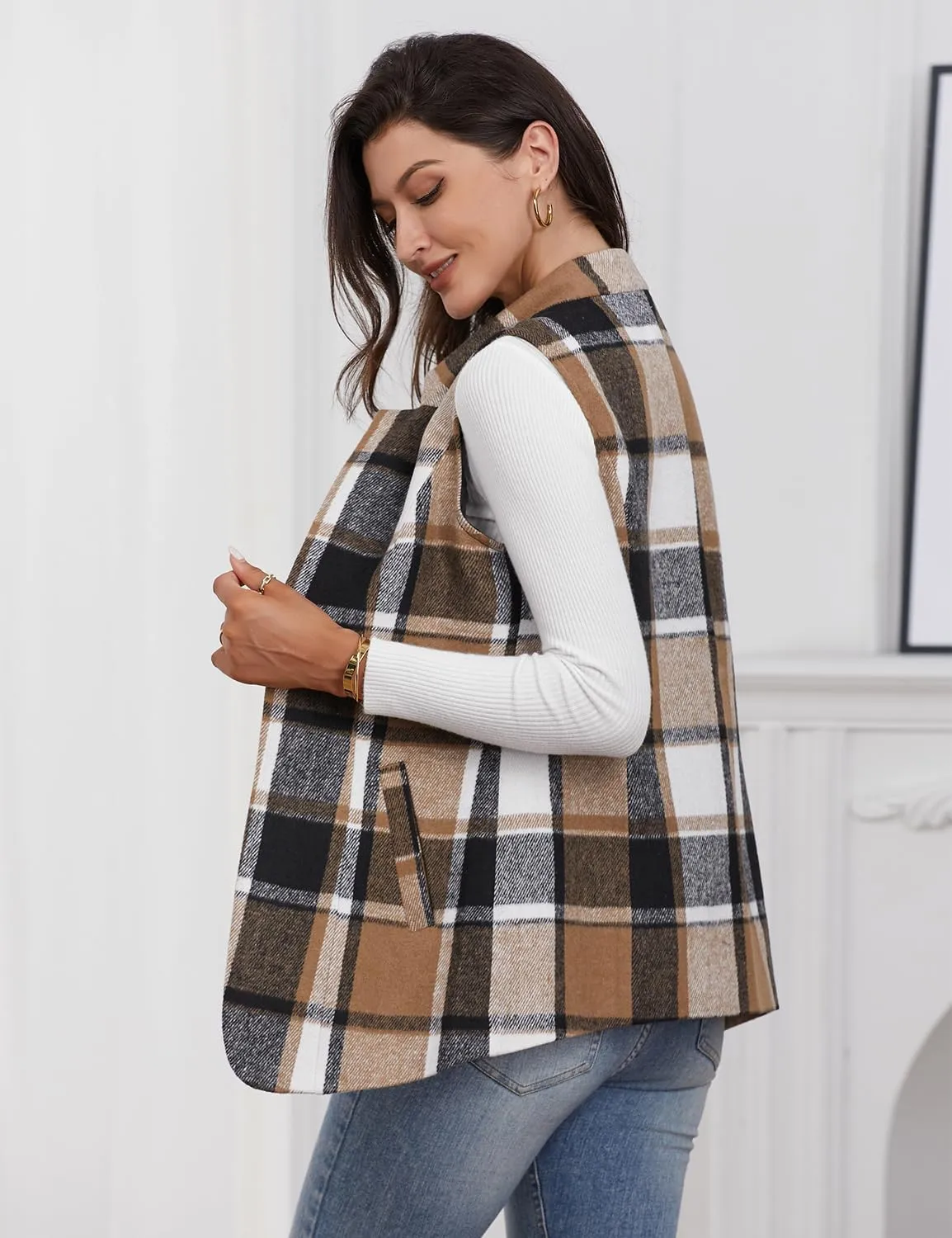 IDEALSANXUN Wool Plaid Vest for Women Fall Winter Coat Sleeveless Blazer Jackets Casual Outwear Open Front Cardigan Top