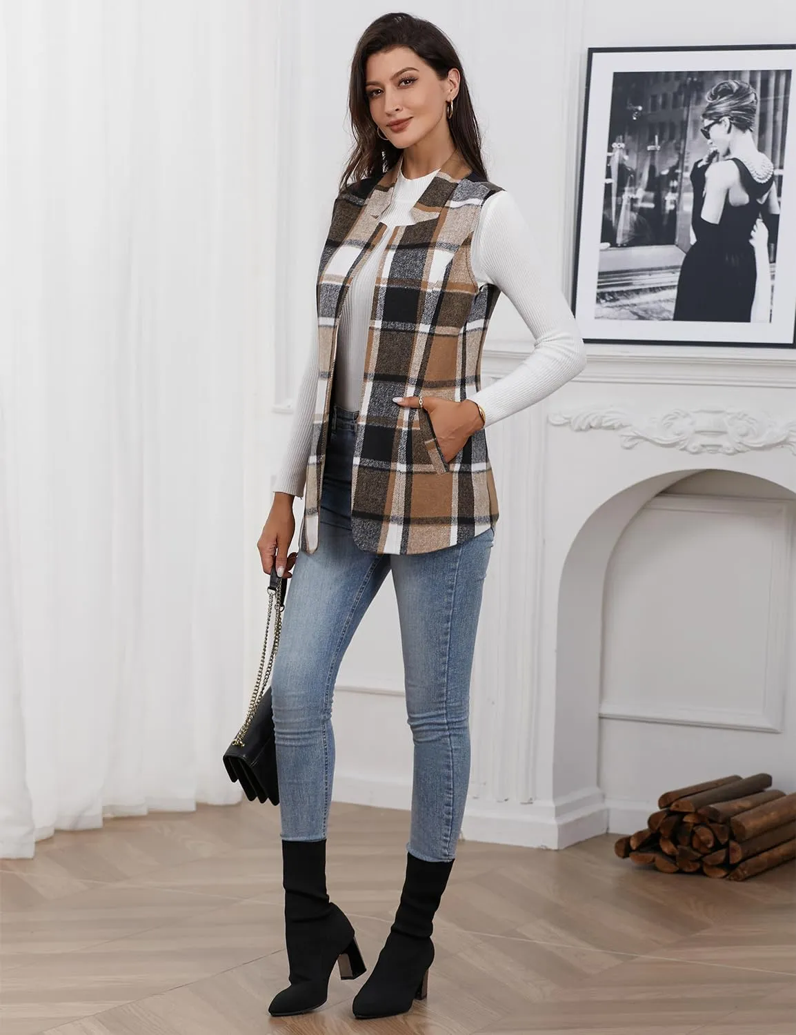 IDEALSANXUN Wool Plaid Vest for Women Fall Winter Coat Sleeveless Blazer Jackets Casual Outwear Open Front Cardigan Top