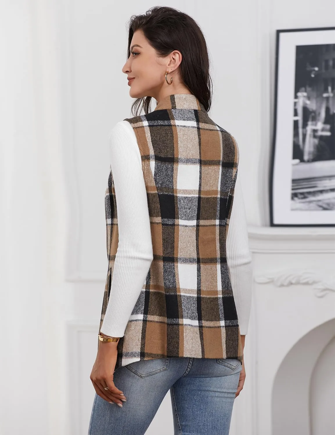 IDEALSANXUN Wool Plaid Vest for Women Fall Winter Coat Sleeveless Blazer Jackets Casual Outwear Open Front Cardigan Top