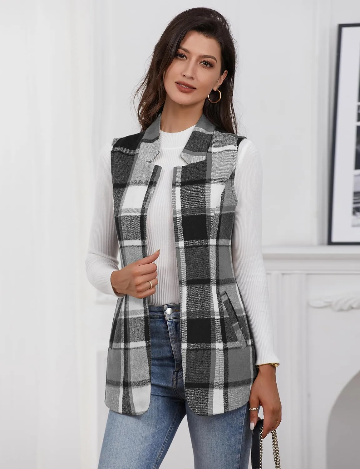 IDEALSANXUN Wool Plaid Vest for Women Fall Winter Coat Sleeveless Blazer Jackets Casual Outwear Open Front Cardigan Top