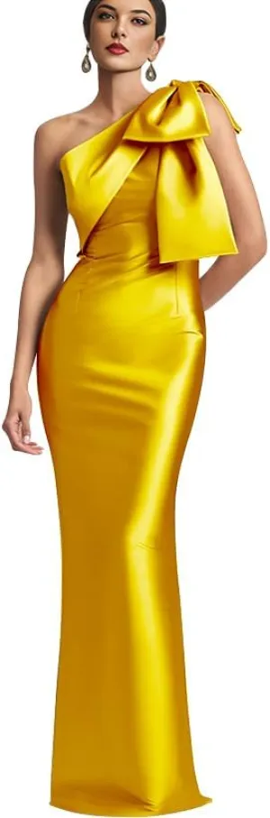 IIF One Shoulder Bow Prom Dress for Women Mermaid Satin Formal Dresses Long Bodycon Evening Cocktail Gowns IIF043