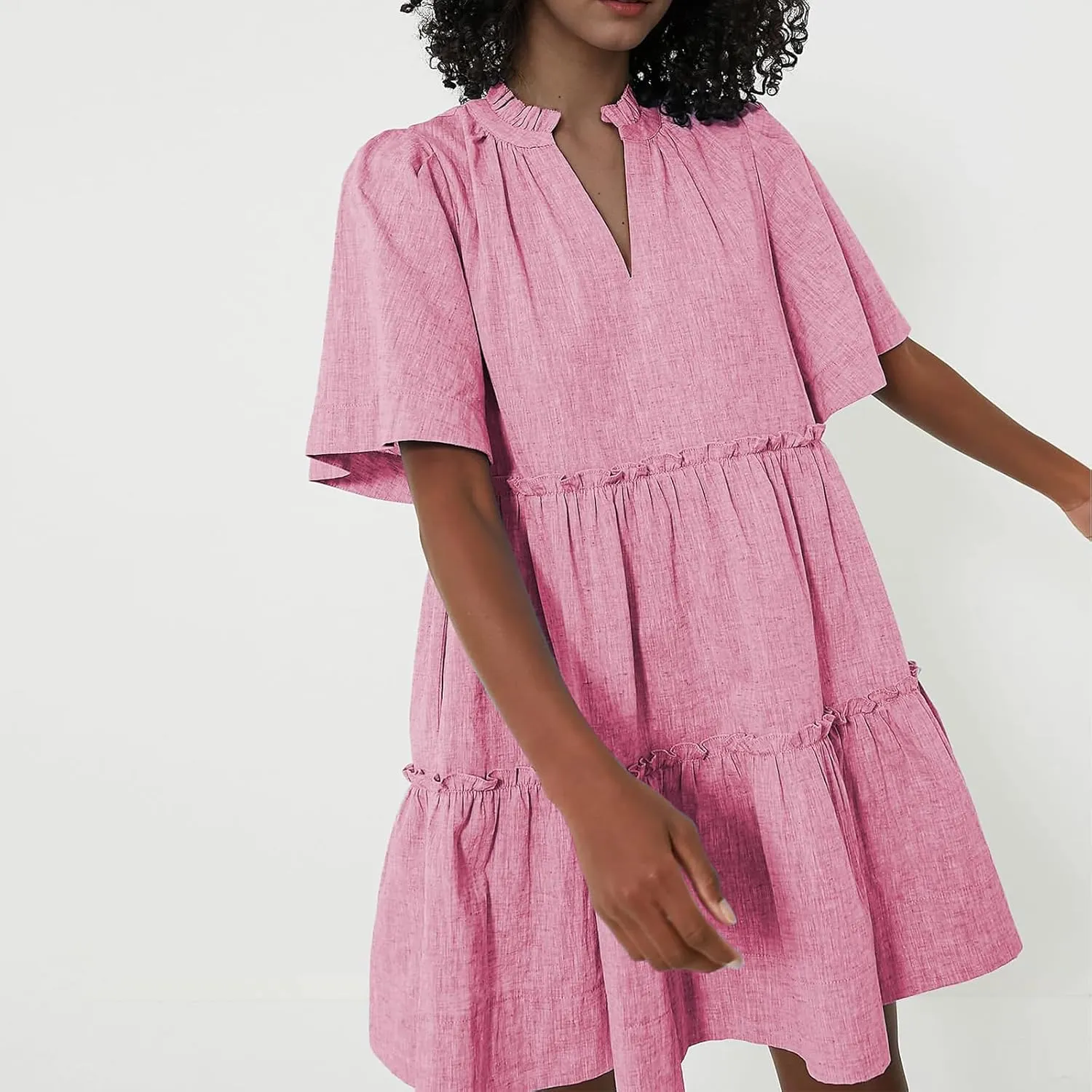 IMISSILLEB Women Summer Babydoll Dress Flutter Sleeve V Neck Tiered Short Sundress Casual Loose Flowy Collared Mini Dress