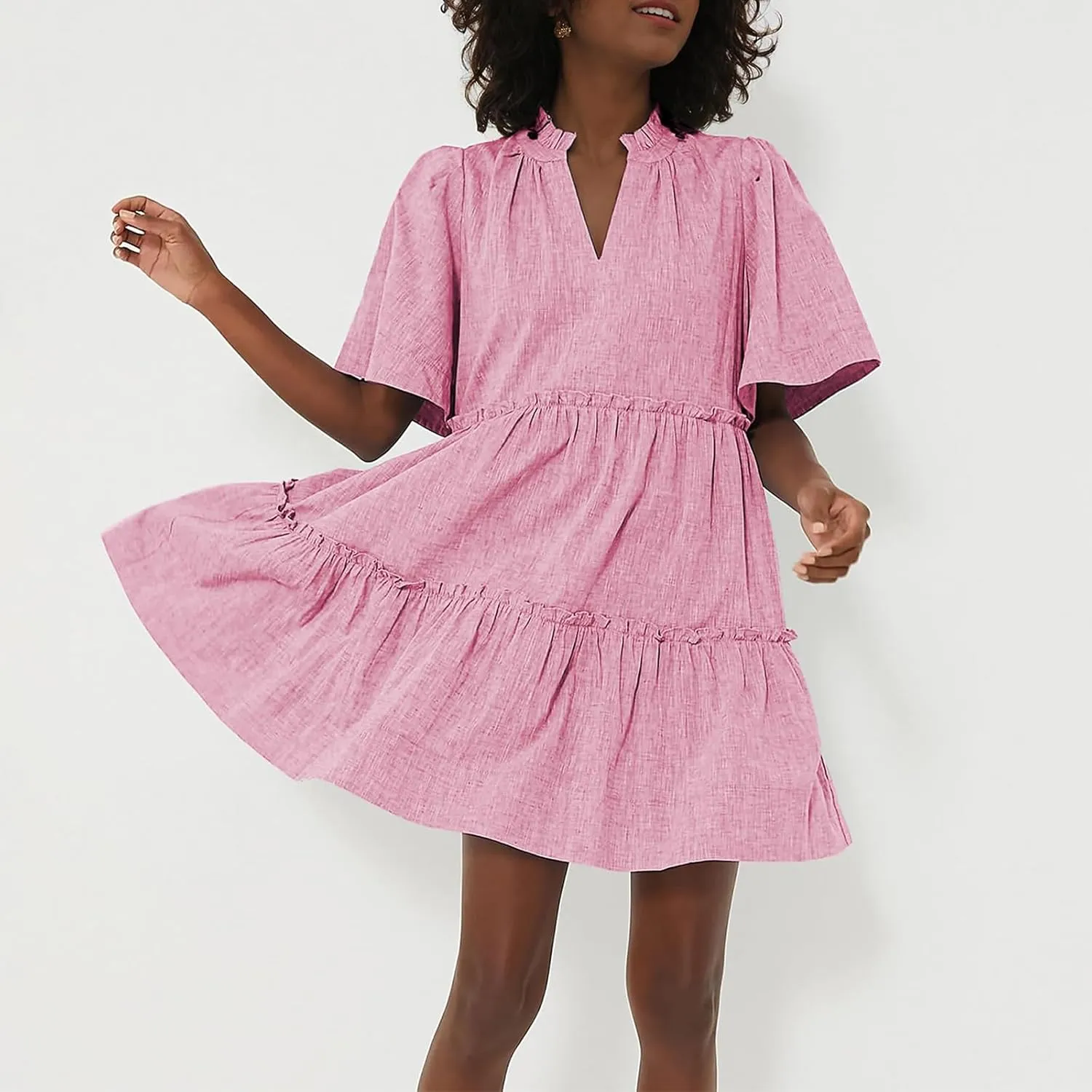 IMISSILLEB Women Summer Babydoll Dress Flutter Sleeve V Neck Tiered Short Sundress Casual Loose Flowy Collared Mini Dress