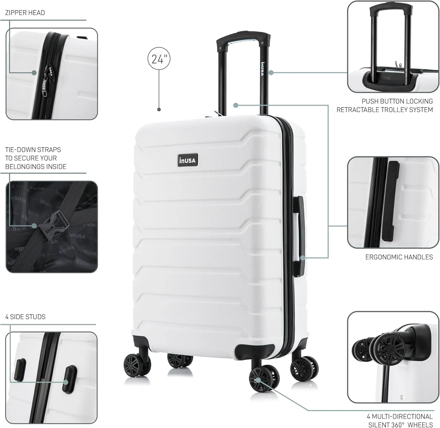 InUSA TREND Luggage with Spinner Wheels | Durable lightweight Hardside Suitcase, Travel bag with Handle and Trolley, 24-Inch Medium Checked luggage | White
