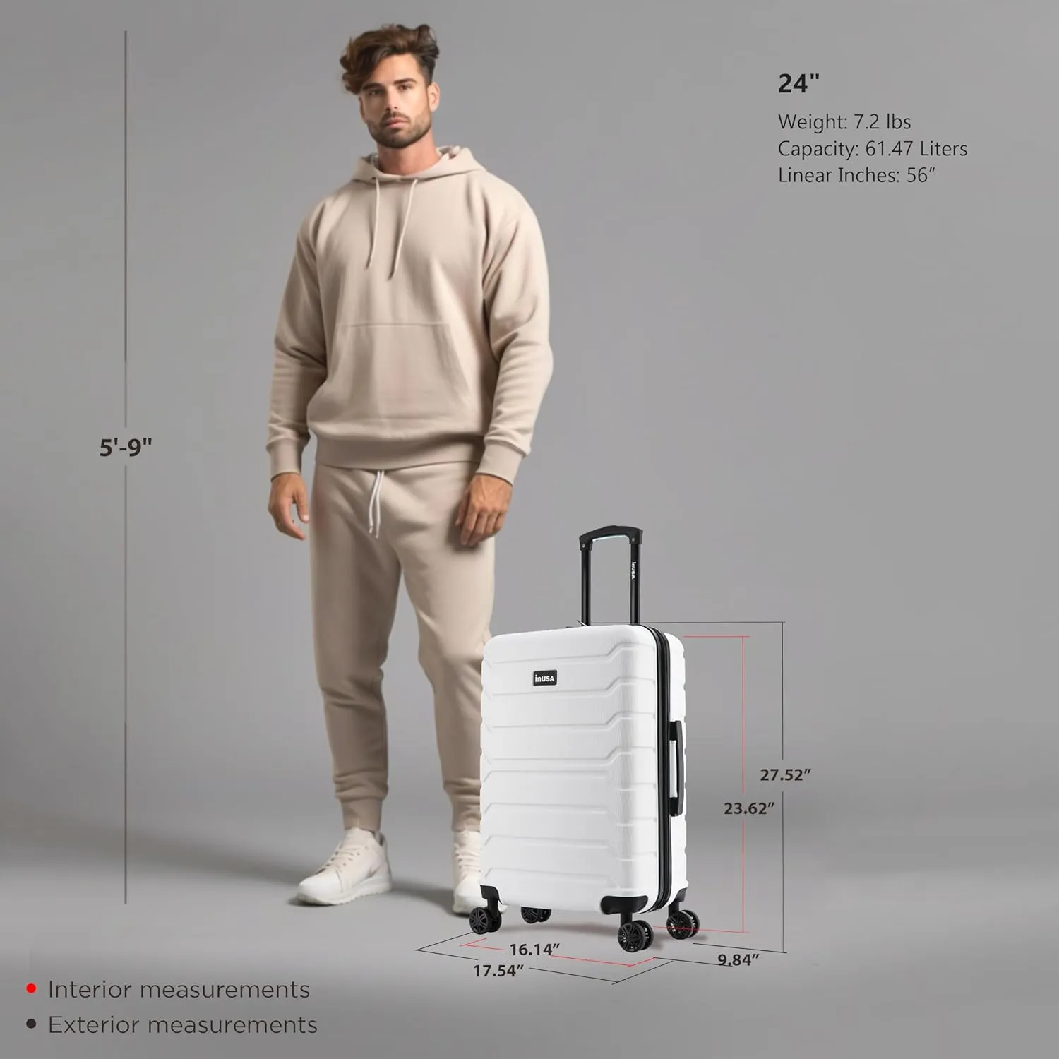 InUSA TREND Luggage with Spinner Wheels | Durable lightweight Hardside Suitcase, Travel bag with Handle and Trolley, 24-Inch Medium Checked luggage | White