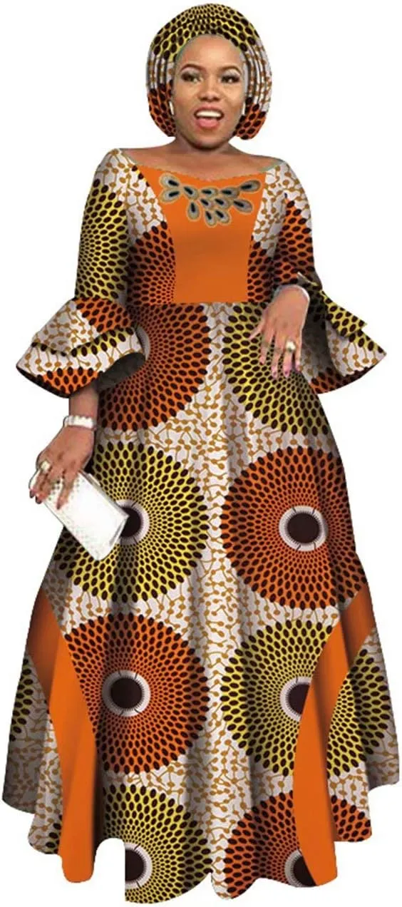 iooiooi Womens African Print Party Maxi Dress Tradition Dashiki Ankara Long Dress & Headwrap