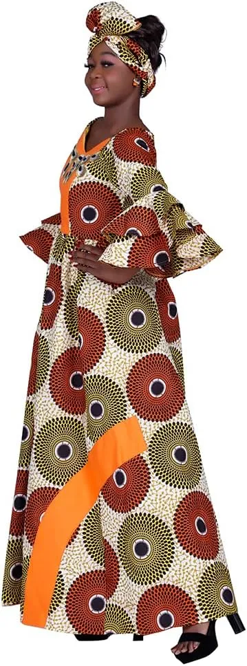 iooiooi Womens African Print Party Maxi Dress Tradition Dashiki Ankara Long Dress & Headwrap