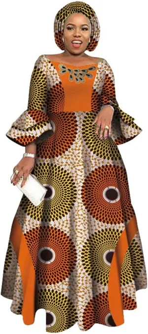 iooiooi Womens African Print Party Maxi Dress Tradition Dashiki Ankara Long Dress & Headwrap