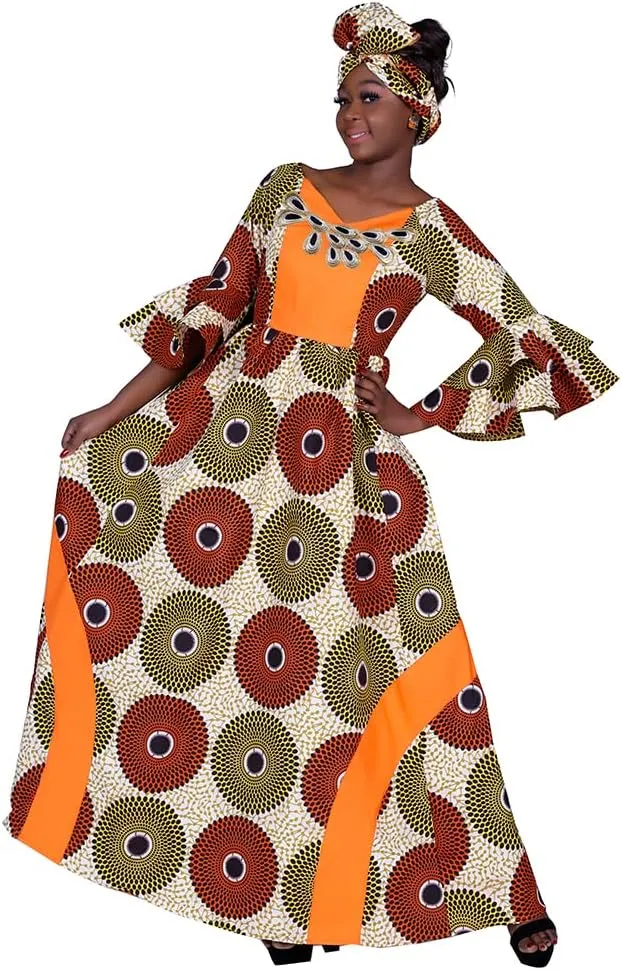 iooiooi Womens African Print Party Maxi Dress Tradition Dashiki Ankara Long Dress & Headwrap