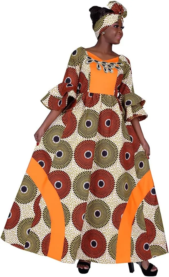 iooiooi Womens African Print Party Maxi Dress Tradition Dashiki Ankara Long Dress & Headwrap