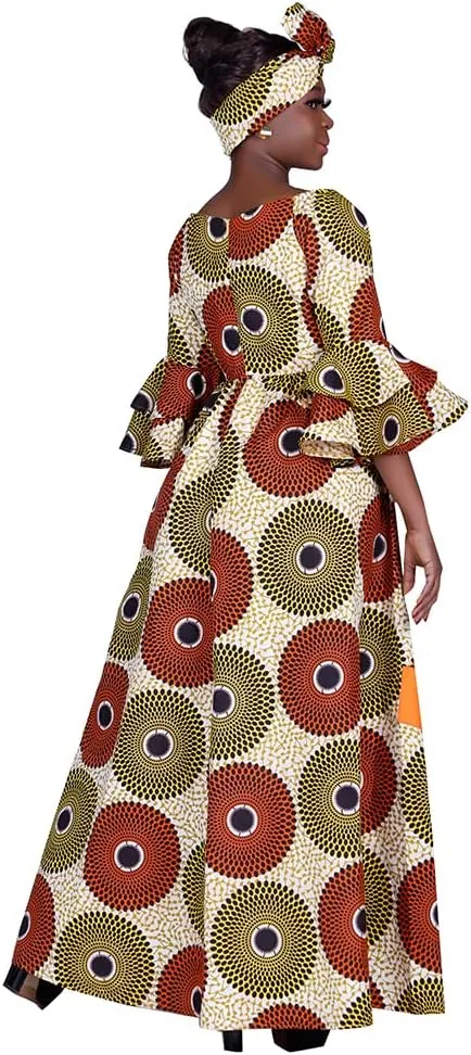 iooiooi Womens African Print Party Maxi Dress Tradition Dashiki Ankara Long Dress & Headwrap
