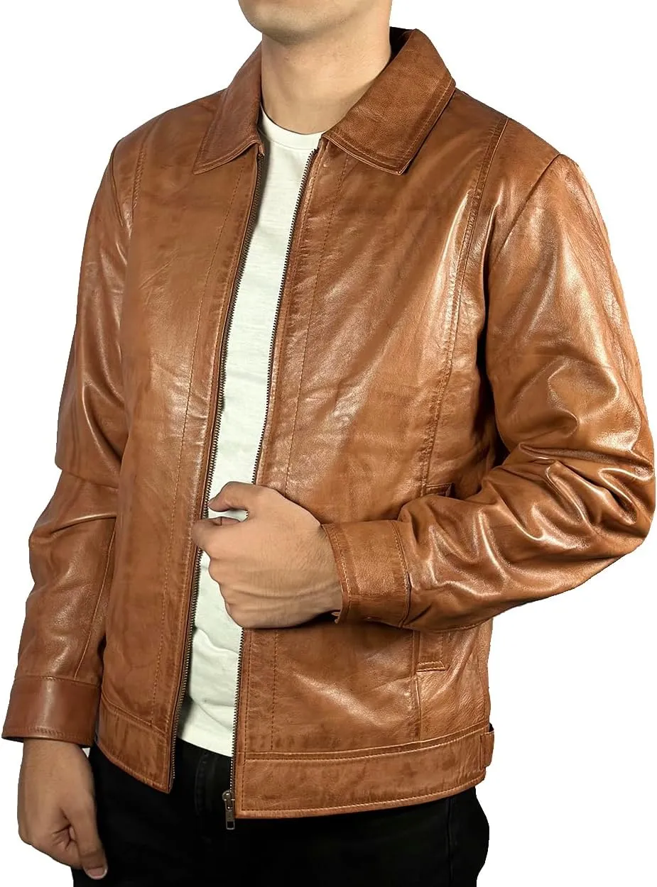Isaac & David Chicago Men's New Black/Brown Lambskin Leather Classic Open Bottom Jacket Motorcycle Vintage Racing Jacket