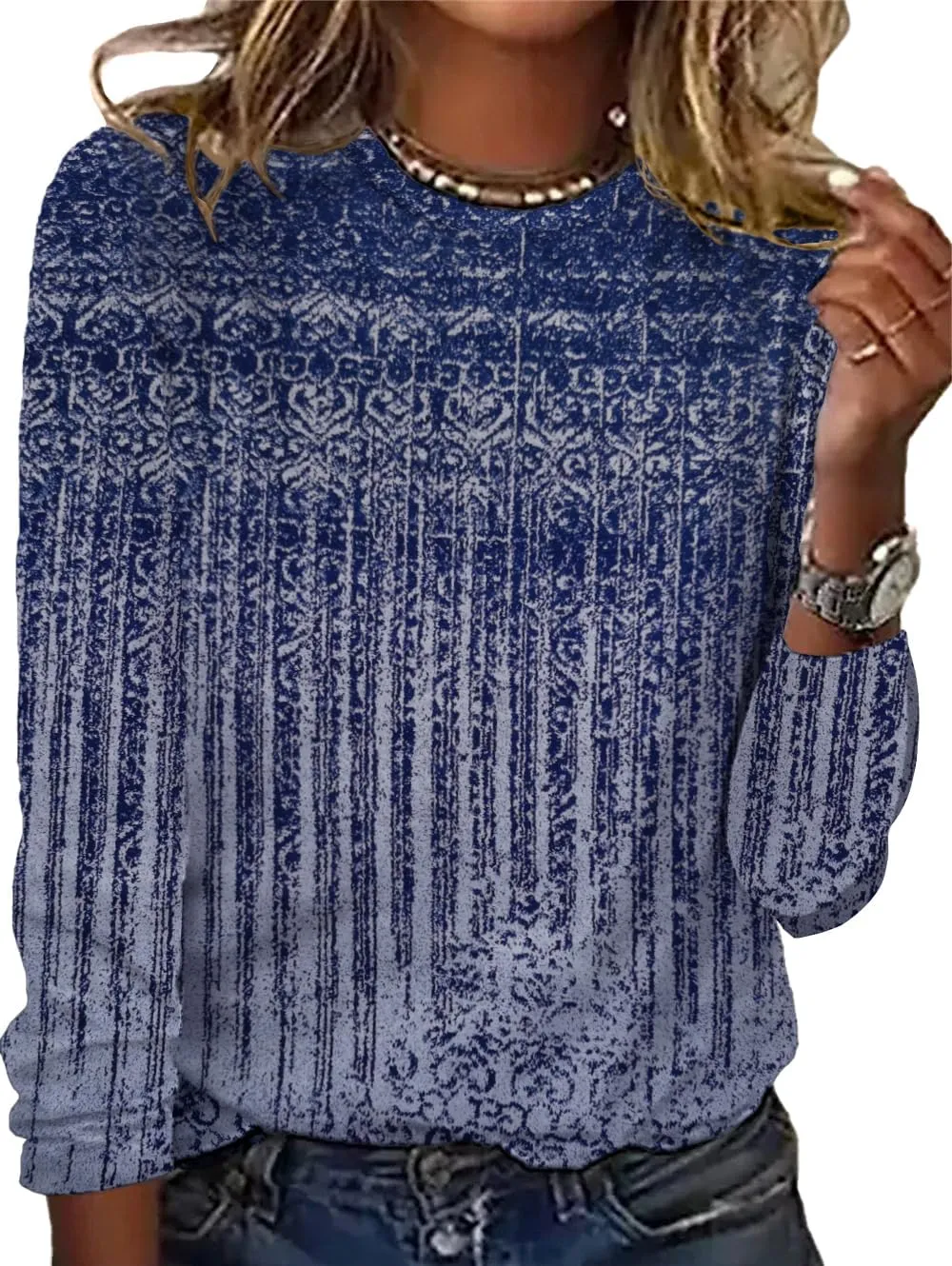 IWOLLENCE Women's Casual Vintage Western Printed Long Sleeve Crewneck Tops Floral Graphic Tee Shirt