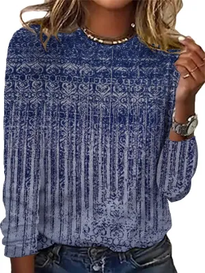 IWOLLENCE Women's Casual Vintage Western Printed Long Sleeve Crewneck Tops Floral Graphic Tee Shirt