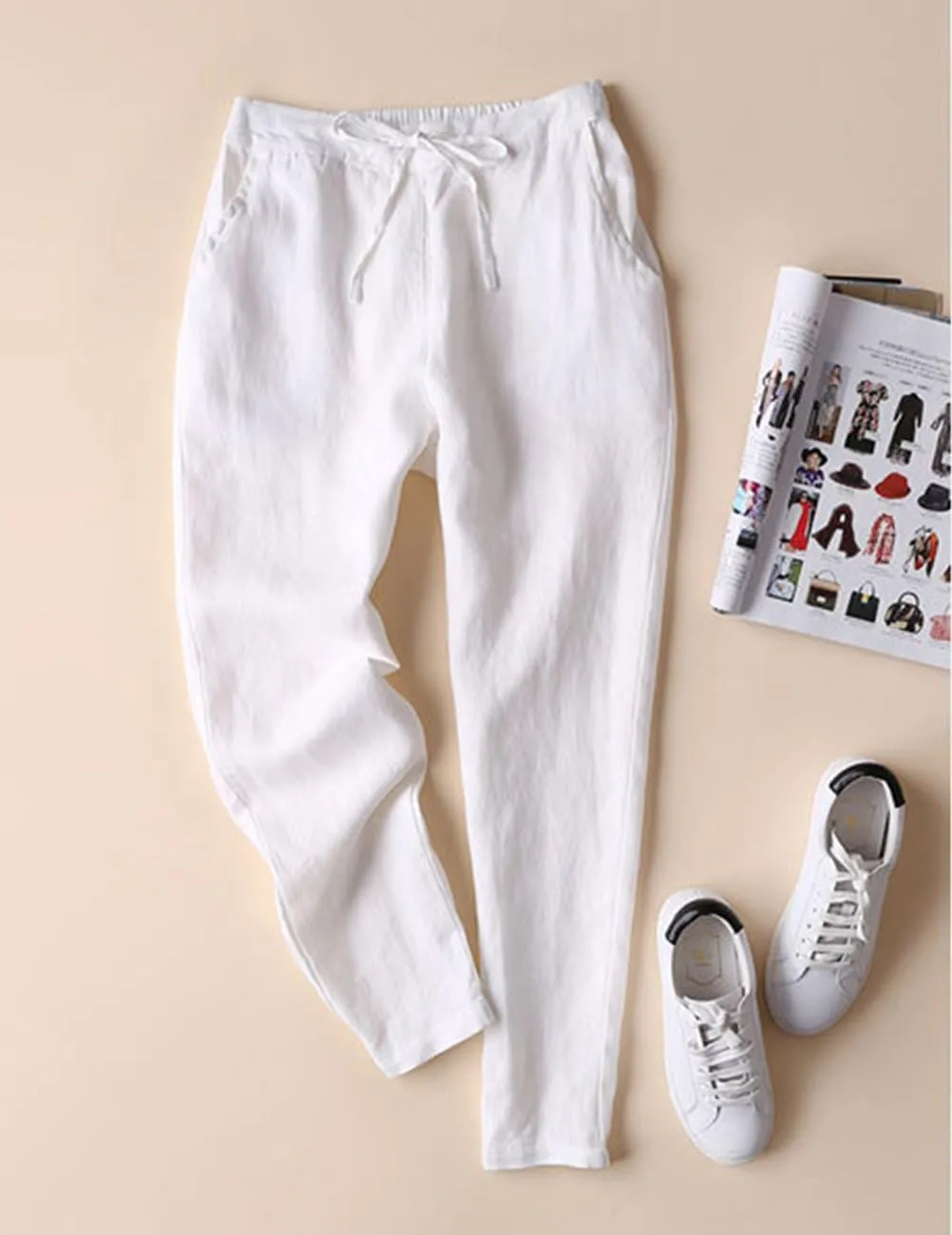IXIMO Women's Tapered Pants 100% Linen Drawstring Back Elastic Waist Ankle Length Pants