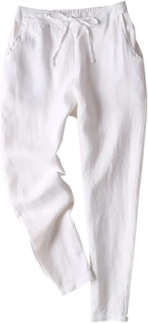 IXIMO Women's Tapered Pants 100% Linen Drawstring Back Elastic Waist Ankle Length Pants