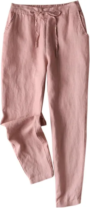 IXIMO Women's Tapered Pants 100% Linen Drawstring Back Elastic Waist Ankle Length Pants
