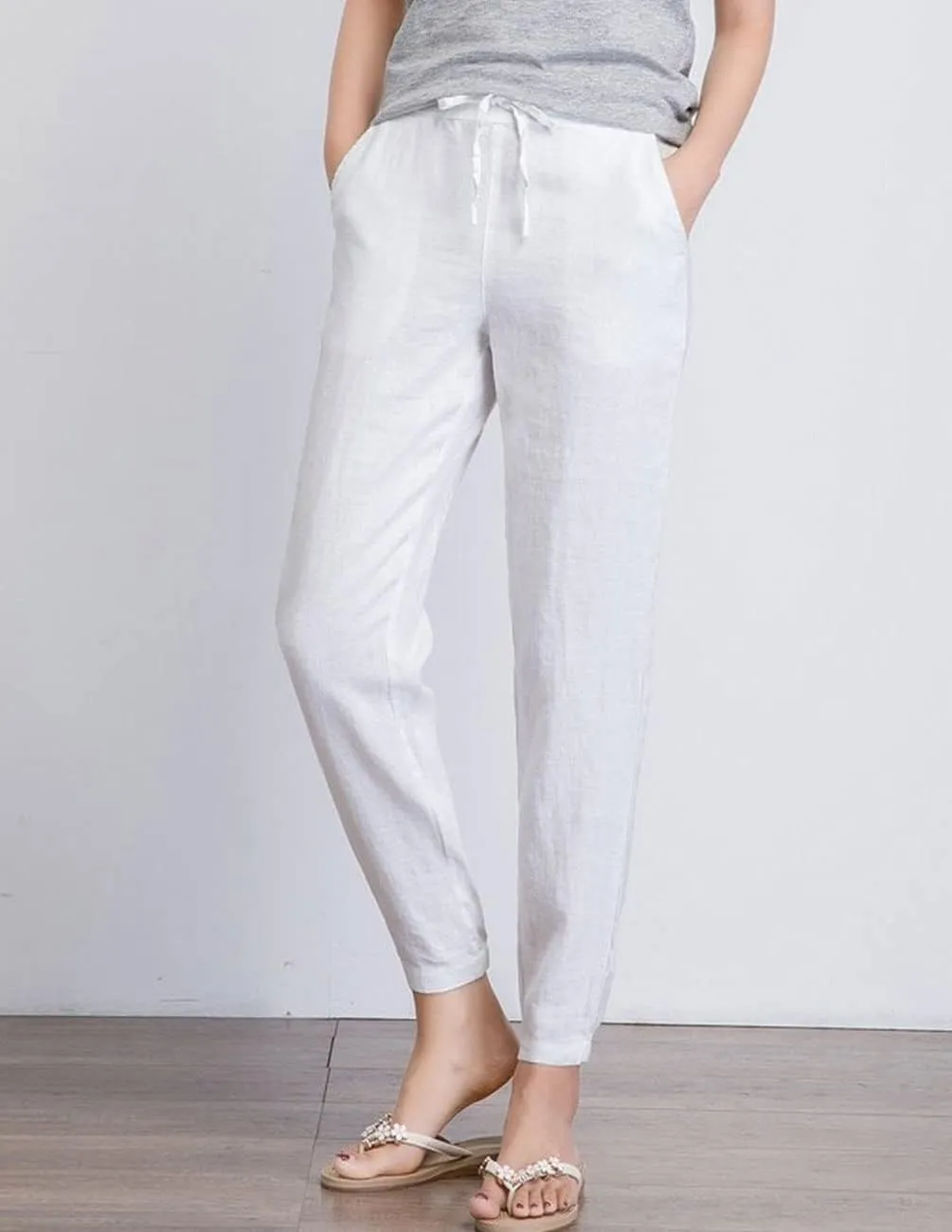 IXIMO Women's Tapered Pants 100% Linen Drawstring Back Elastic Waist Ankle Length Pants