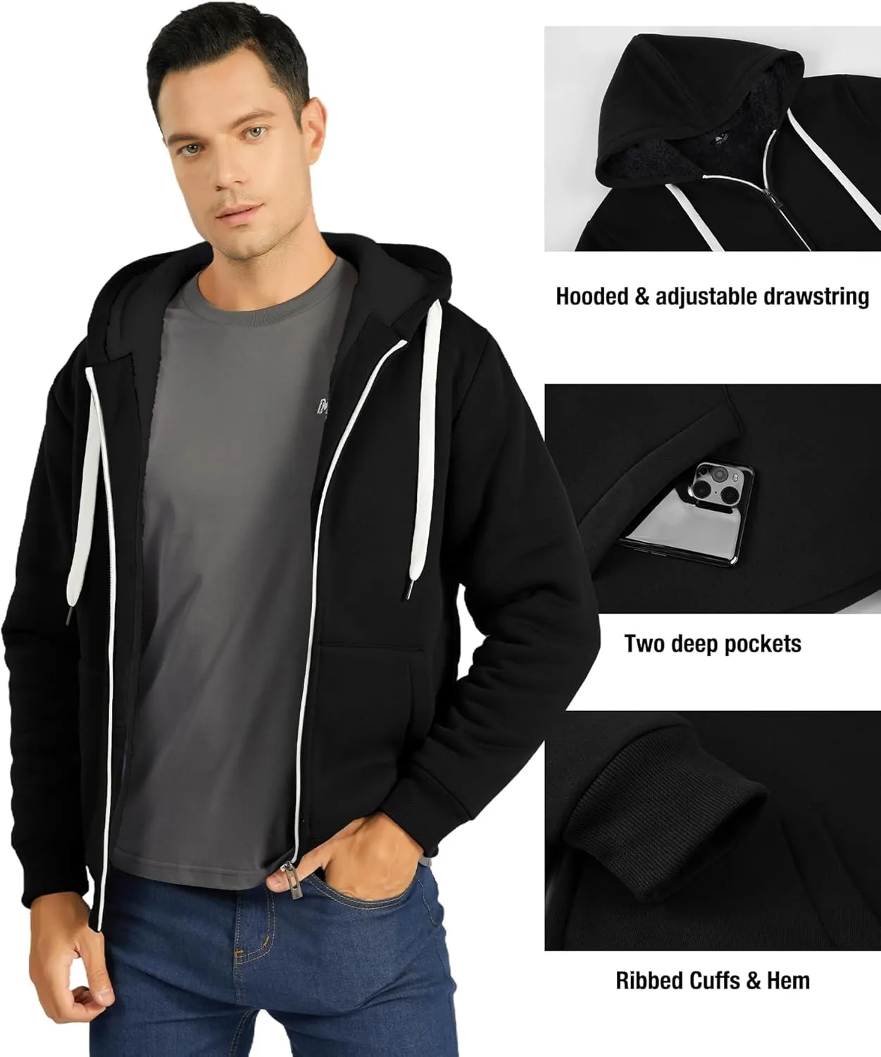 JACKETOWN Men Zip Up Hoodies Winter Fleece Jackets Coat Heavyweight Sherpa Lined Sweatshirt with Pockets