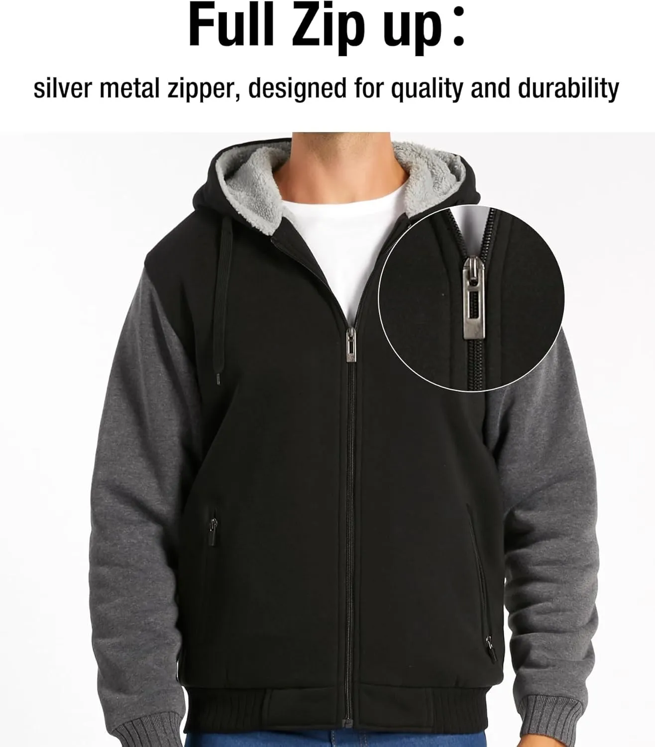 JACKETOWN Men Zip Up Hoodies Winter Fleece Jackets Coat Heavyweight Sherpa Lined Sweatshirt with Pockets