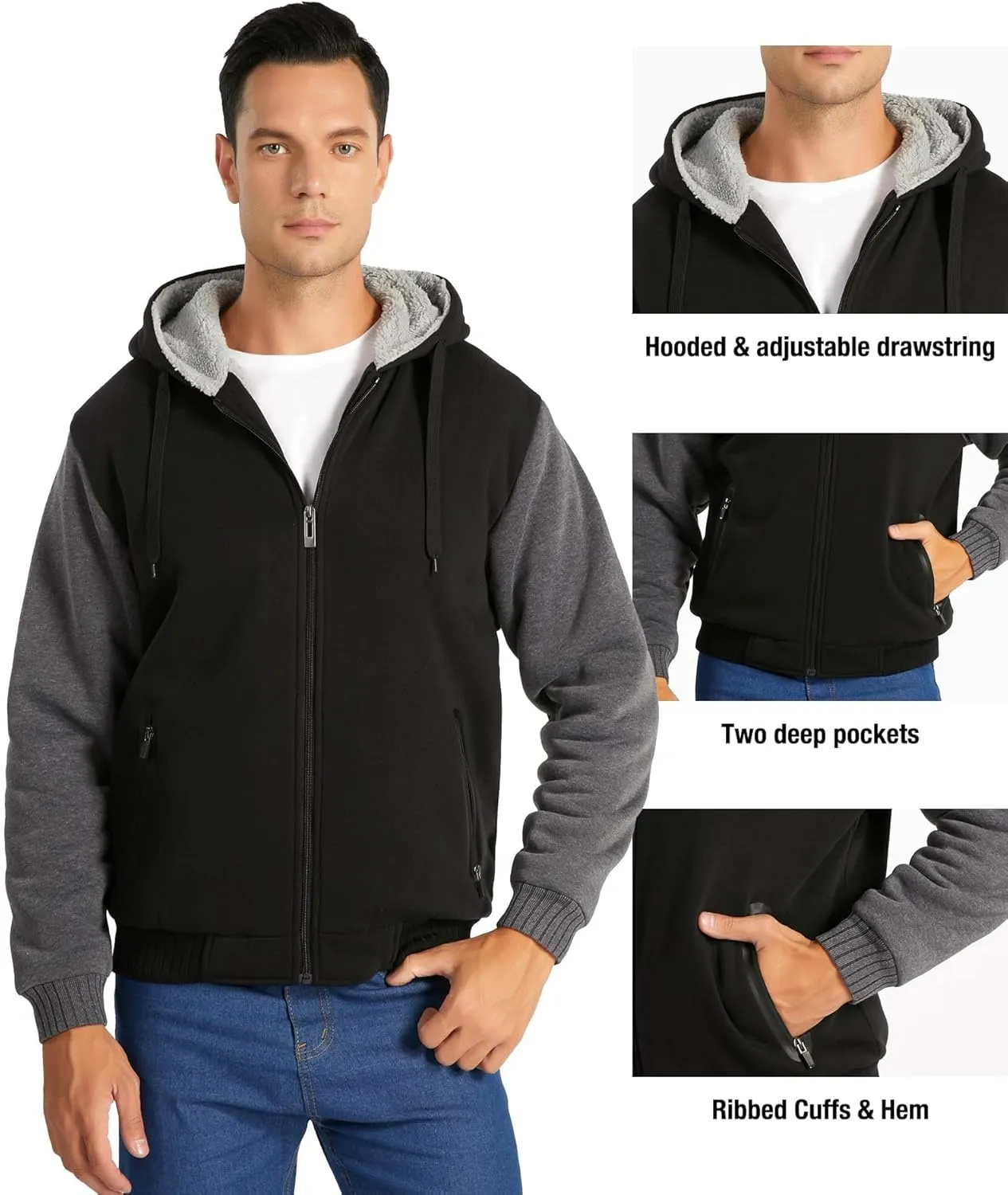 JACKETOWN Men Zip Up Hoodies Winter Fleece Jackets Coat Heavyweight Sherpa Lined Sweatshirt with Pockets