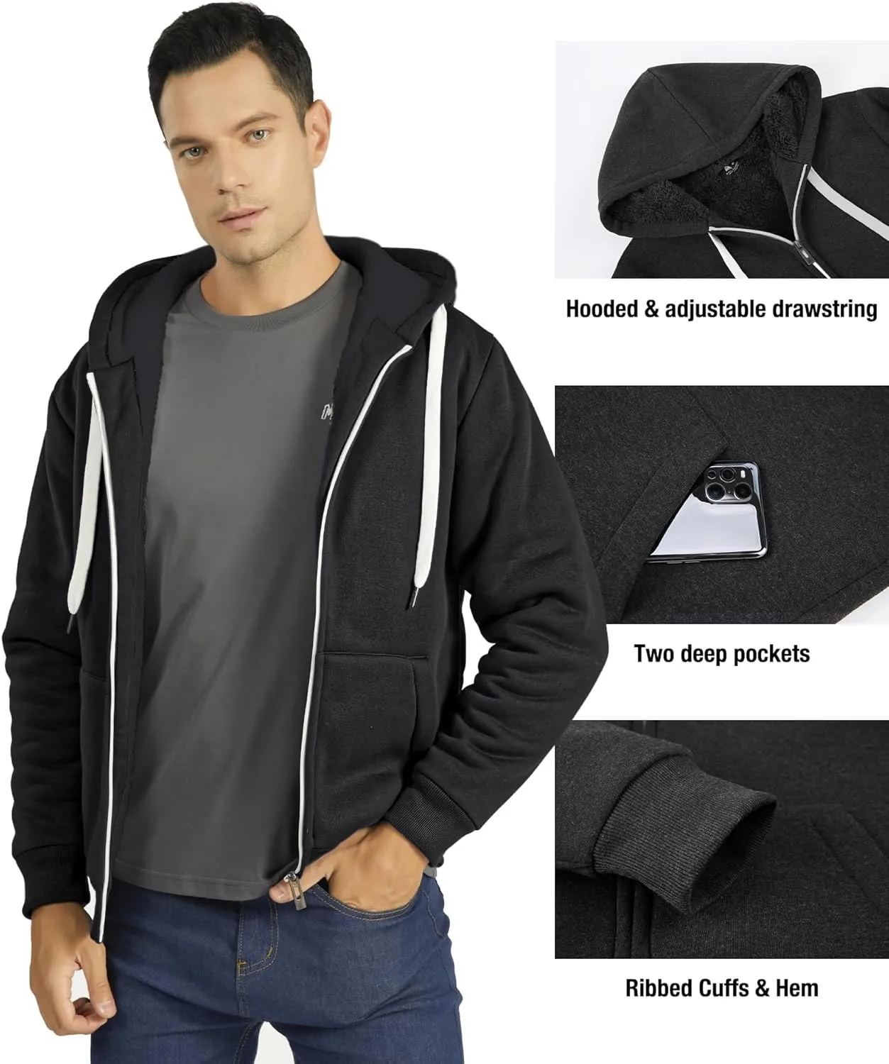 JACKETOWN Men Zip Up Hoodies Winter Fleece Jackets Coat Heavyweight Sherpa Lined Sweatshirt with Pockets