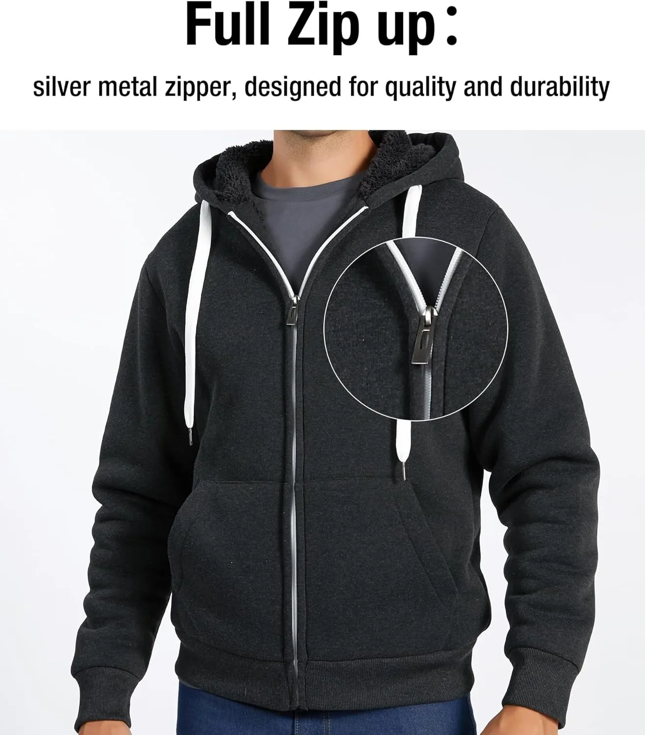JACKETOWN Men Zip Up Hoodies Winter Fleece Jackets Coat Heavyweight Sherpa Lined Sweatshirt with Pockets