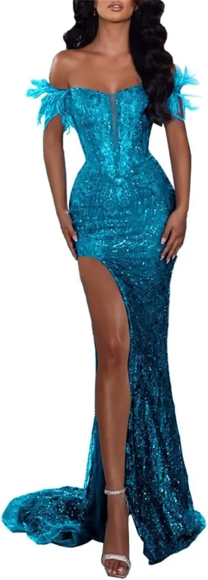 Jamille Mermaid Prom Dress with Feathers Long Sequin Evening Gown Formal Off The Shoulder Sparkly Strapless Gowns JA0059