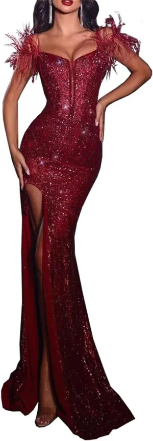 Jamille Mermaid Prom Dress with Feathers Long Sequin Evening Gown Formal Off The Shoulder Sparkly Strapless Gowns JA0059