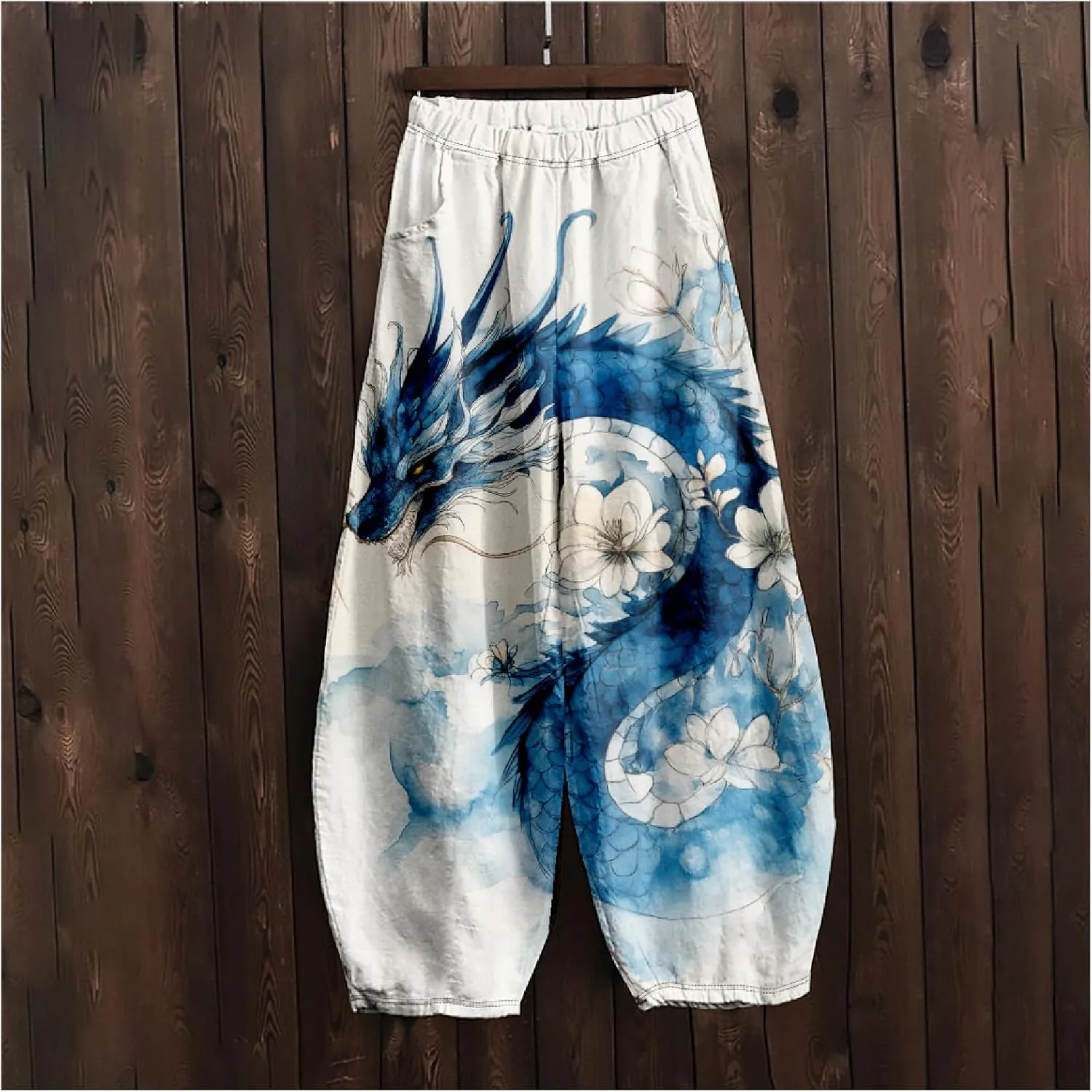 Japanese Ink Painting Pants Waist Elastic Wide Leg Sweatpants Ethnic Style Baggy Trouser Casual Boho Spring Fall Pant