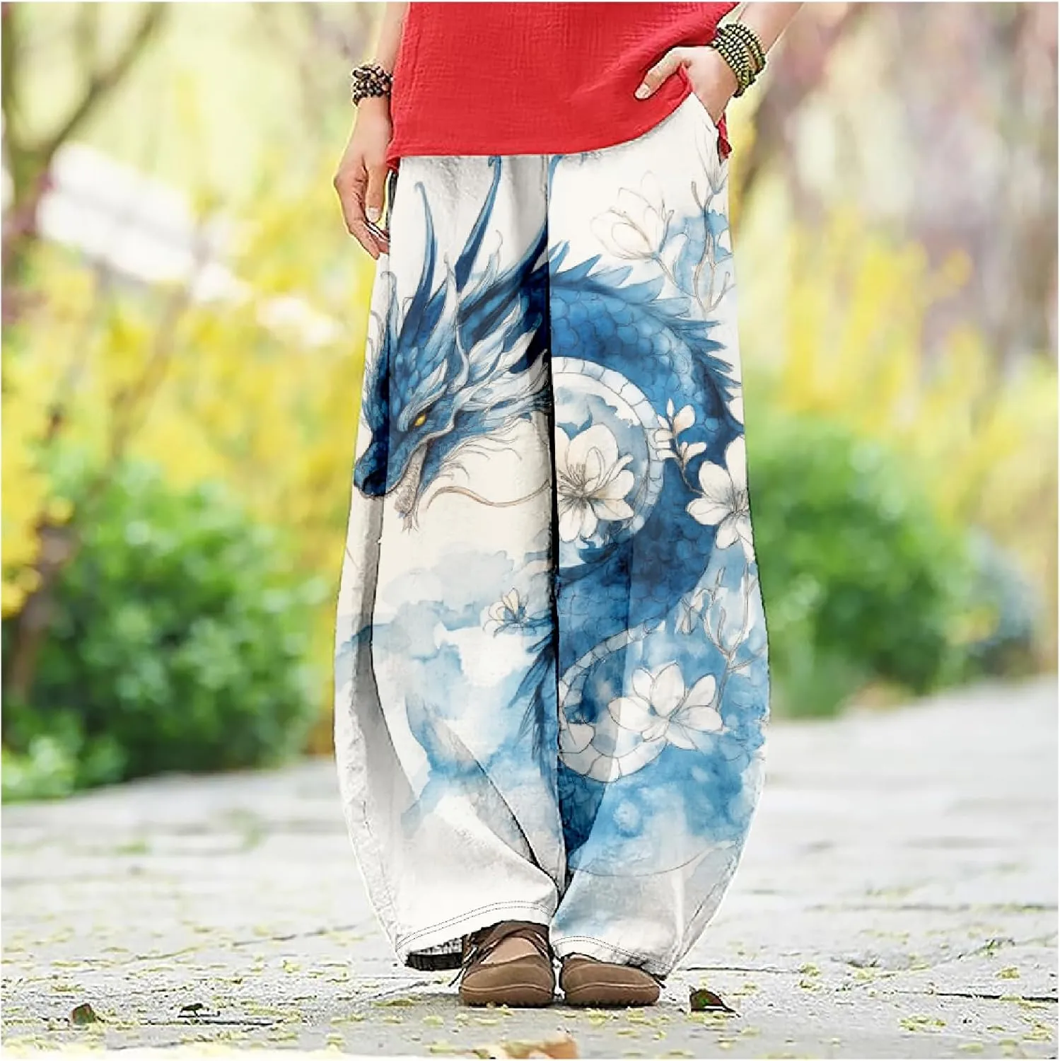 Japanese Ink Painting Pants Waist Elastic Wide Leg Sweatpants Ethnic Style Baggy Trouser Casual Boho Spring Fall Pant