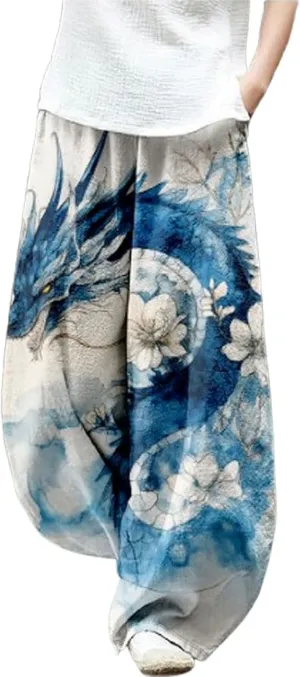Japanese Ink Painting Pants Waist Elastic Wide Leg Sweatpants Ethnic Style Baggy Trouser Casual Boho Spring Fall Pant
